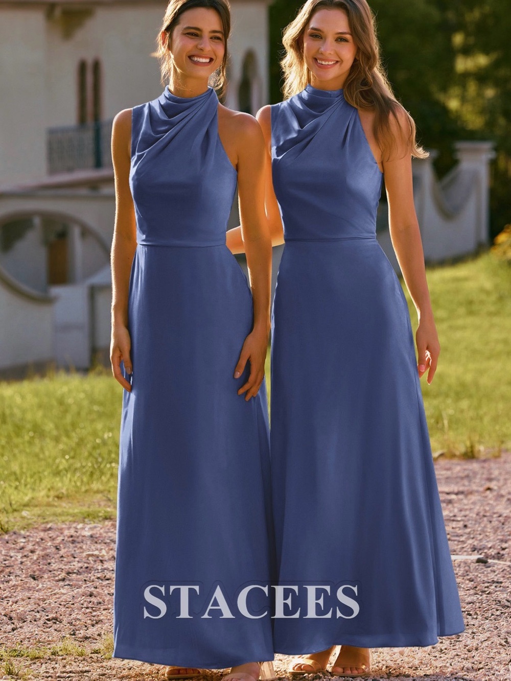 Stacee’s Sheath High-Neck Stretch Satin Stormy Blue Bridesmaids Dress